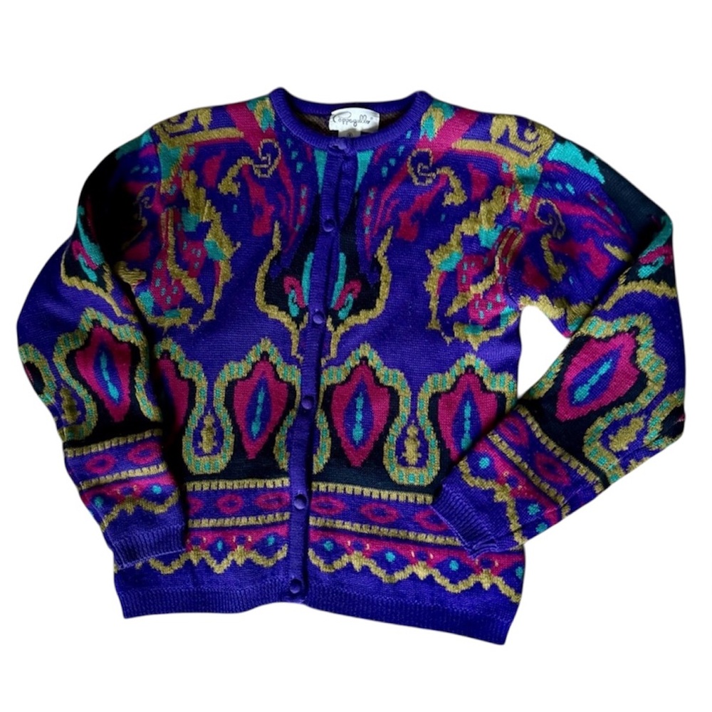 Vintage Lambswool Blend Cardigan Sweater Size Small Purple and Pink Pappagallo